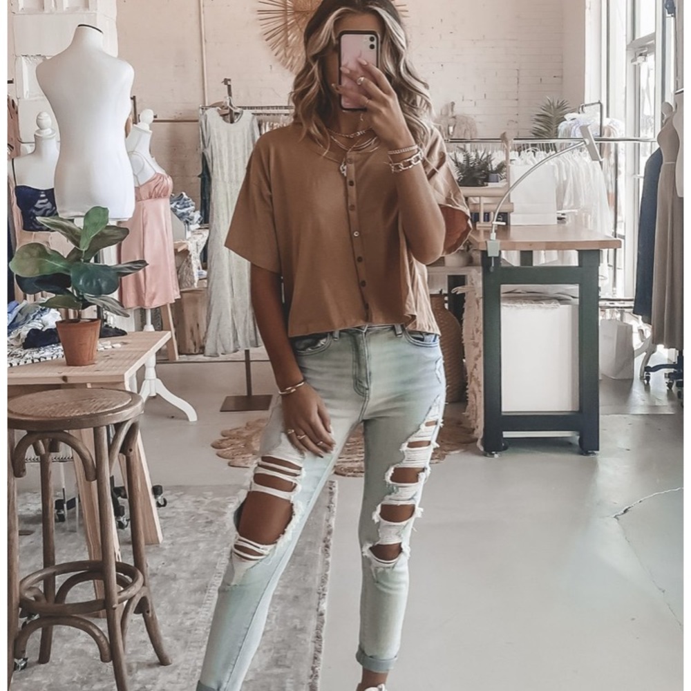 Beige button down top